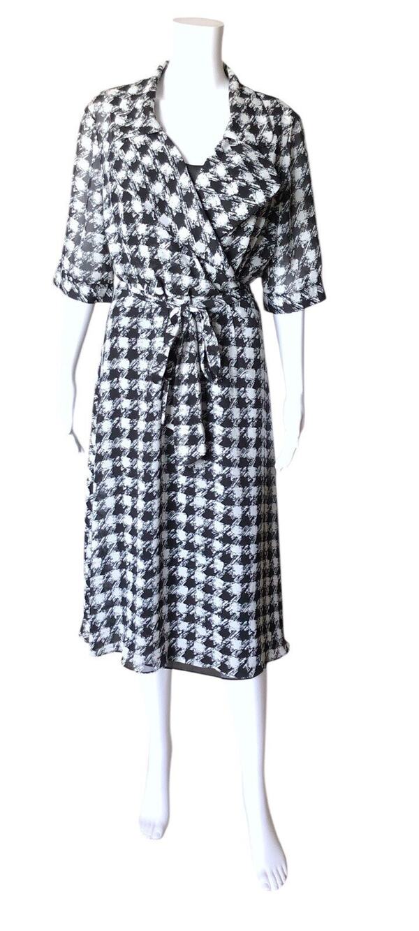 Emma James Midi Dress Womens 12 White Black Houndstooth 2 Piece Belted Sheer